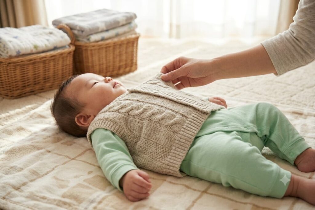 ベストを羽織る赤ちゃん