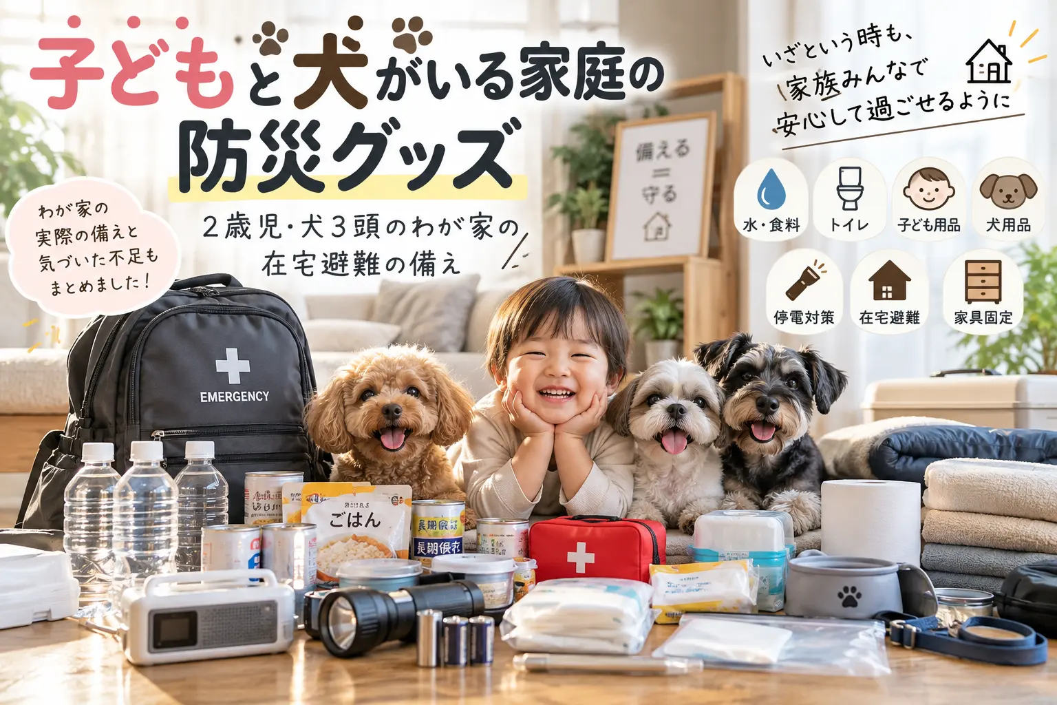 子どもと犬がいる家庭の防災グッズ｜2歳児・犬3頭のわが家の在宅避難の備え